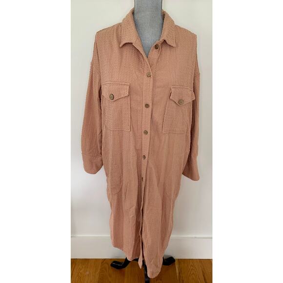 Free People Button Down Textured Maxi Shirt Dress in Mauve Medium Long Sleeve - Picture 1 of 4